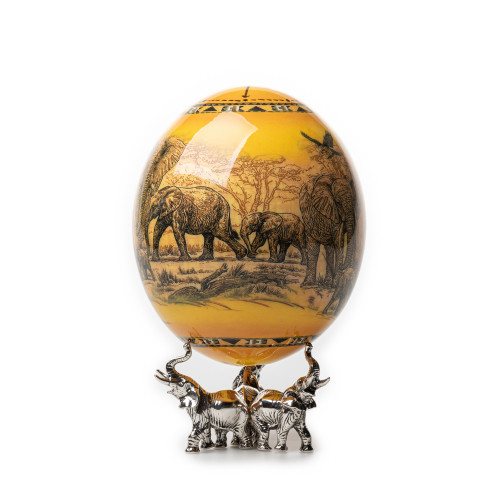 Ostrich Egg with Silver Base - Elephant Herd