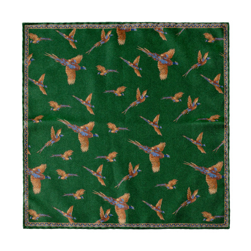 Pheasant Silk Pocket Square in Emerald