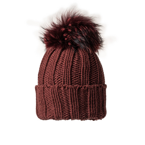 Cashmere & Fur Knit Turn-Up Hat in Brick
