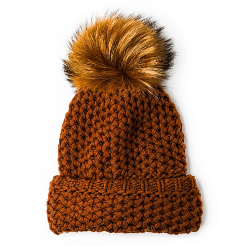 Cashmere & Raccoon Fur Knit Hat in Burnt Orange