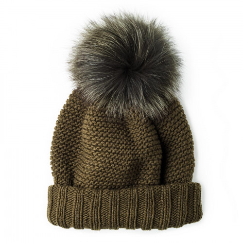 Cashmere &  Fox Fur Knit Hat in Olive
