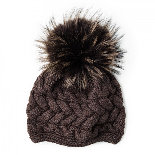 Cashmere & Raccoon Fur Knit Hat in Espresso