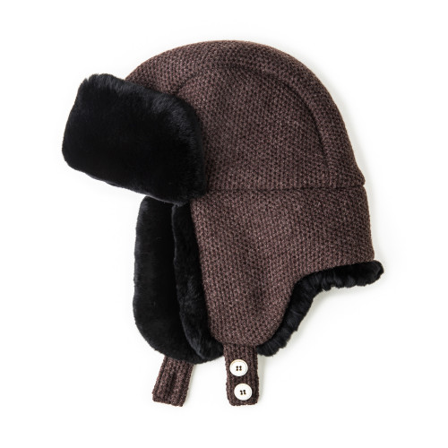 Fur Lined Knit Hat With Ear Warmers in Brown
