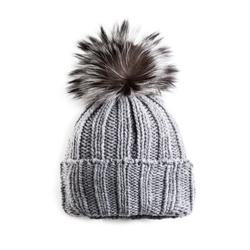 Cashmere & Fox Fur Knit Hat in Graphite