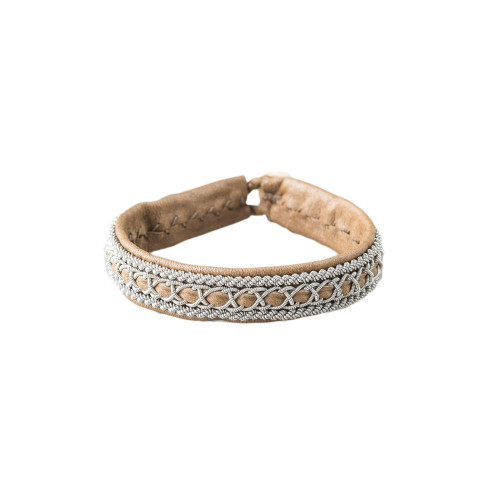 Pewter Embroidered Leather Bracelet - Sand