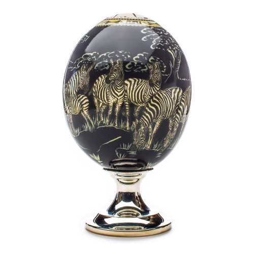 Ostrich Egg with Silver Base - Zebra
