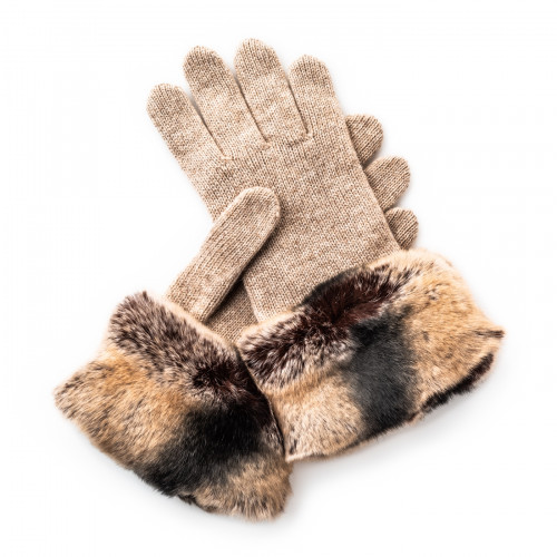 Ladies Cashmere and Rabbit Fur Gloves in Sand