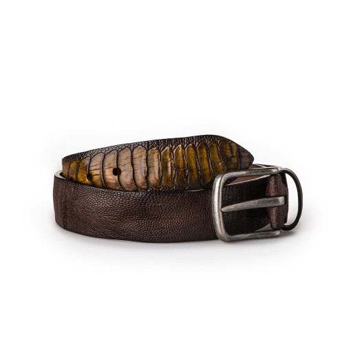 Men's Ostrich Leg Leather Belt - Antique Yellow