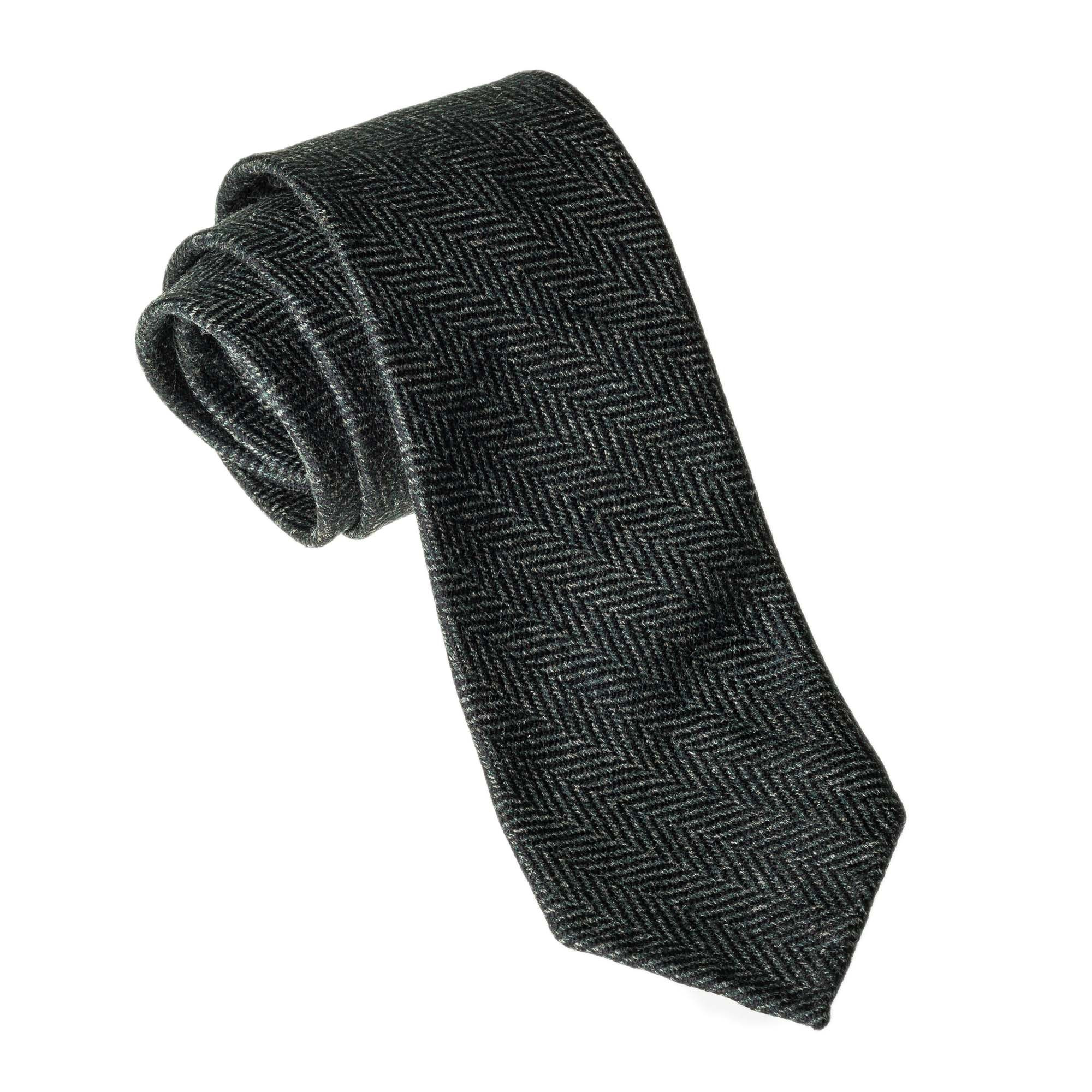 Drake's - Hand Rolled Wool Herringbone Tie - Grey