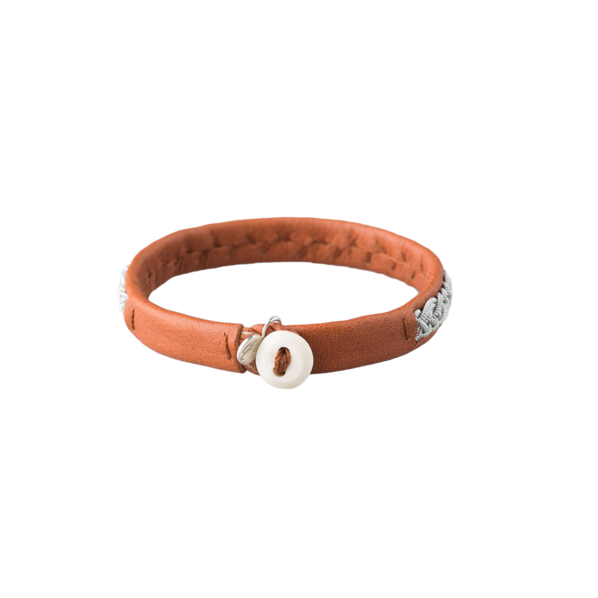 Pewter Embroidered Leather Bracelet - Natural