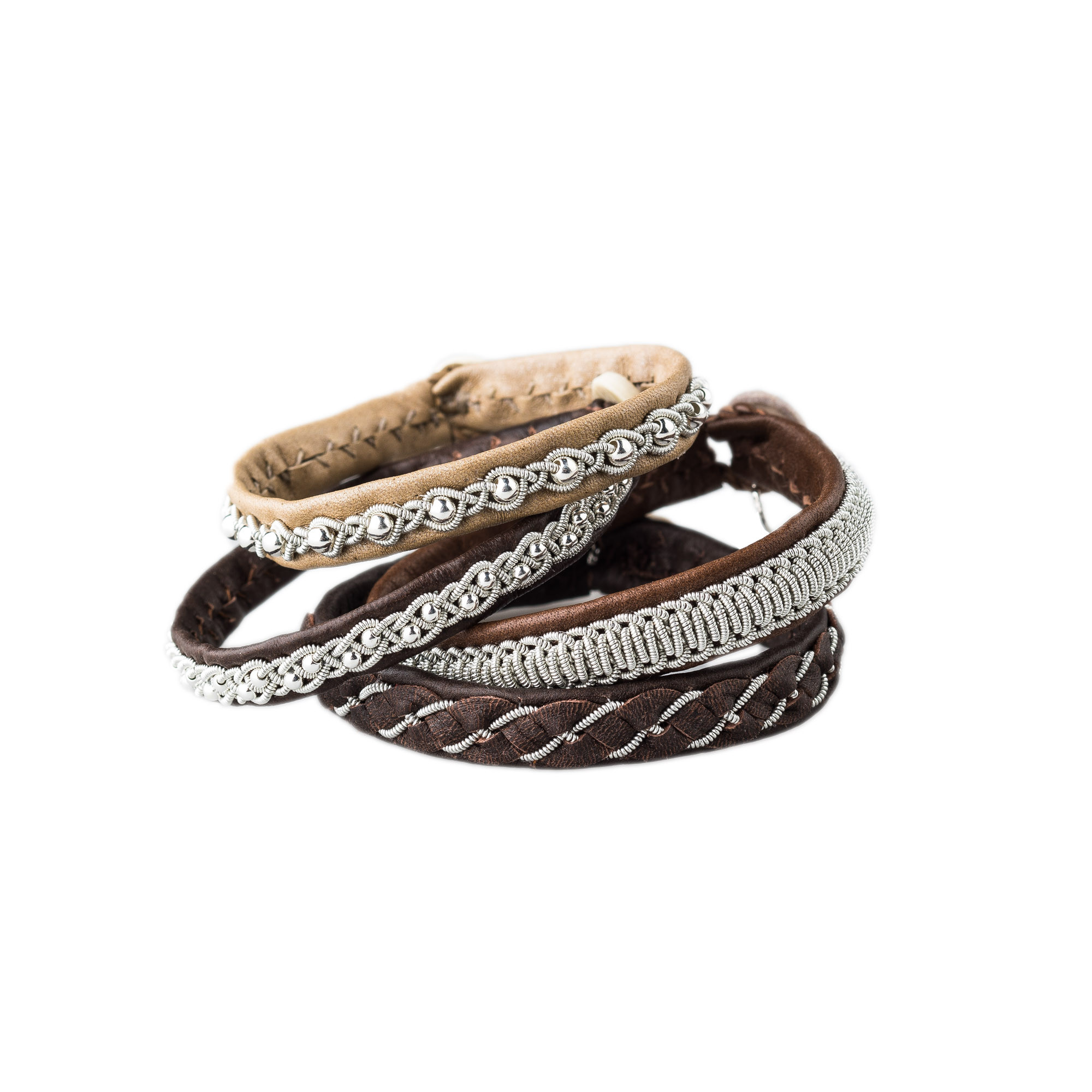 Pewter Embroidered Leather Bracelet - Natural