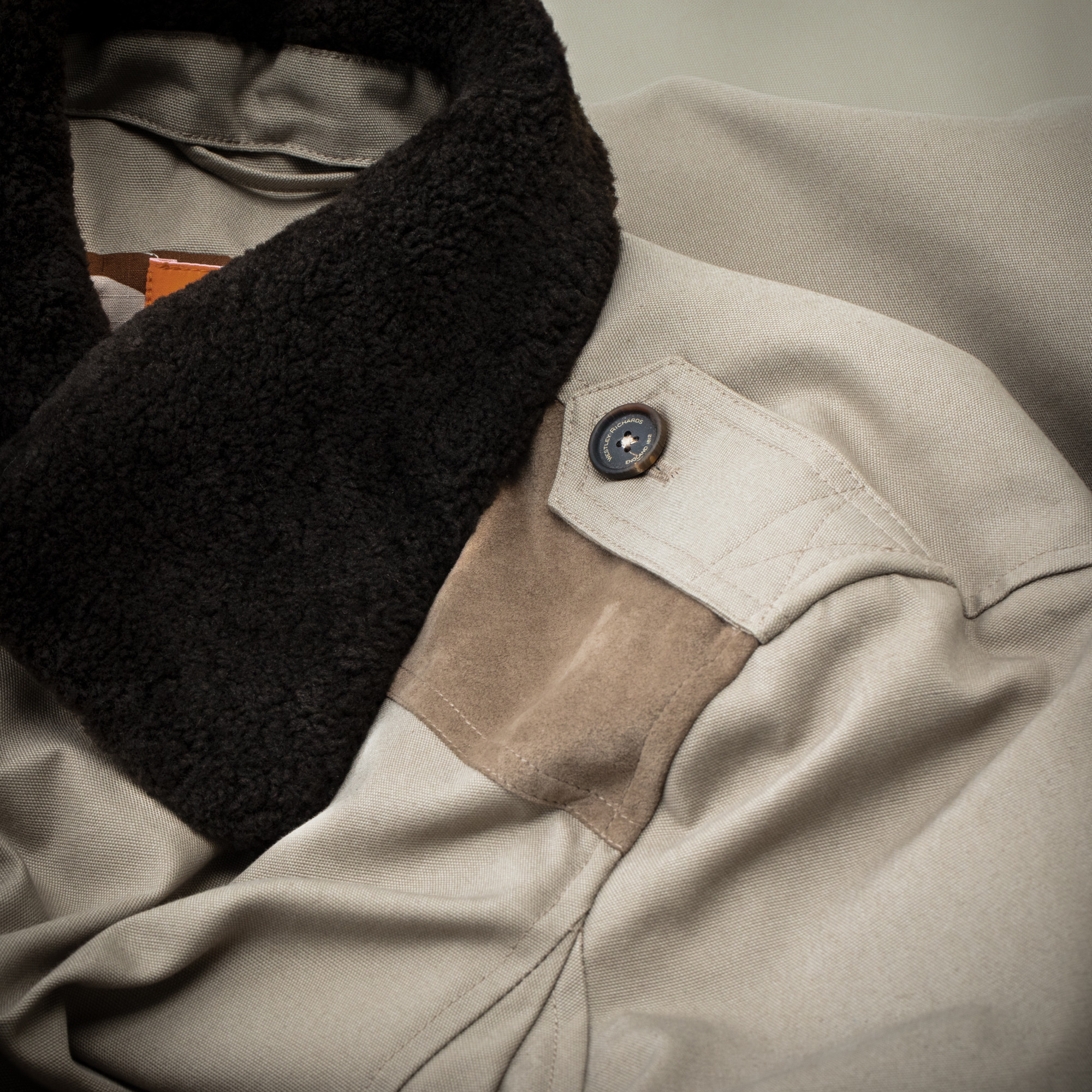 Westley Richards Hide Jacket with Shearling Collar in Sand Stone Westley Richards Hide Jacket with Shearling Collar in Sand Stone