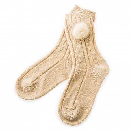 Cashmere Bed Socks with Mink Fur in Beige