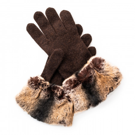 Ladies Cashmere and Rabbit Fur Gloves in Brown