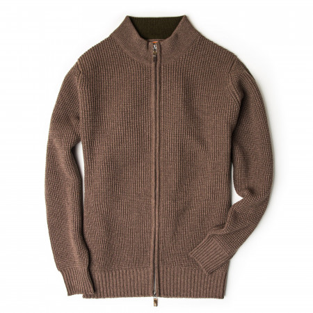 Bowland Zip Cardigan in Clay with Field Green