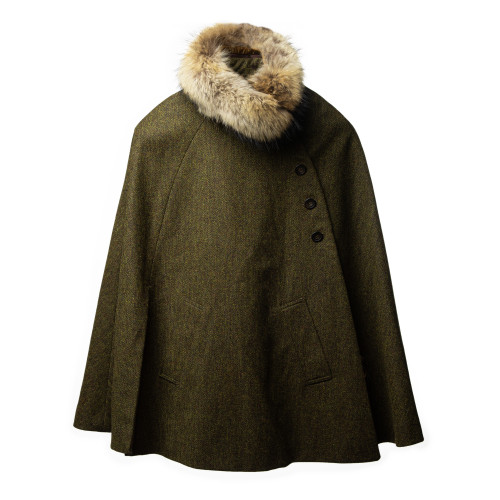 Ladies Fur-Trimmed Cape in Herringbone