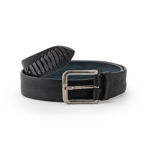 Ostrich Leg Leather Belt in Black
