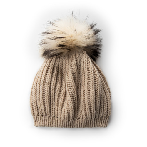 Cashmere and Raccoon Fur Cable Knit Hat in Beige