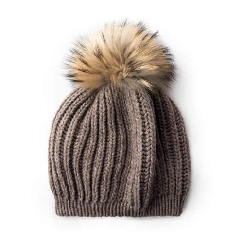 Cashmere and Raccoon Fur Cable Knit Hat in Taupe