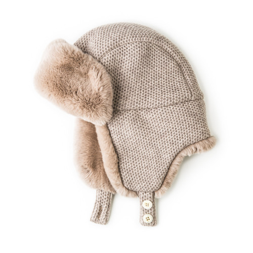 Fur Lined Knit Hat With Ear Warmers in Beige