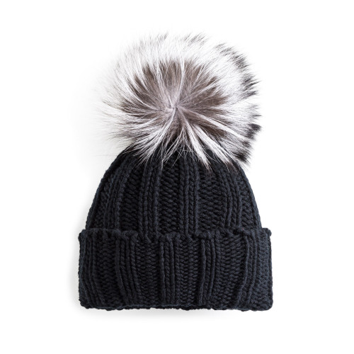 Cashmere & Fox Fur Knit Hat in Black