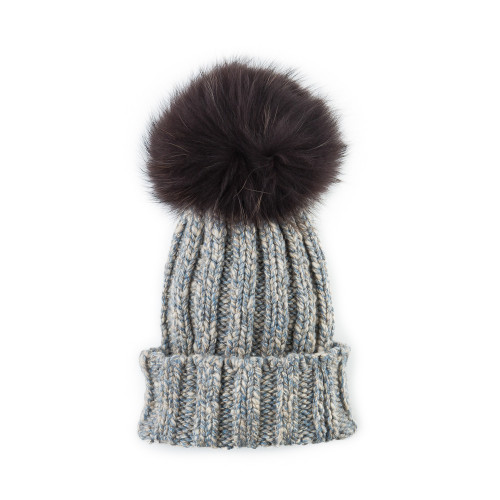 Cashmere Marl Knit Hat w/ Fur - Grey/Blue