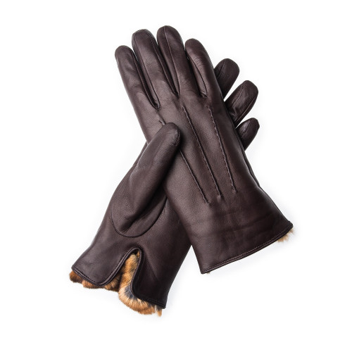 Ladies Leather Gloves with Rex Rabbit Fur in Brown