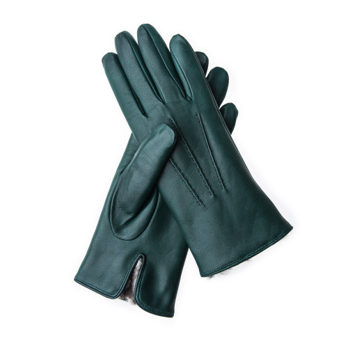 Ladies Leather Gloves with Rex Rabbit Fur in Dark Green