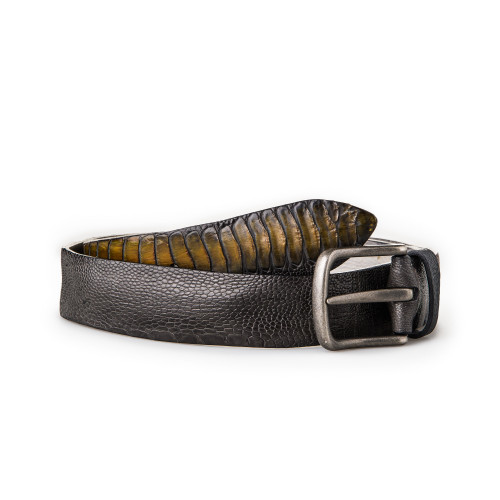 Men's Ostrich Leg Leather Belt - Antique Yellow and Grey