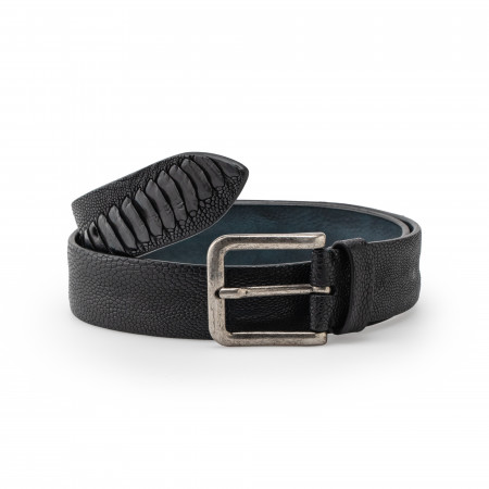 Ostrich Leg Leather Belt in Black