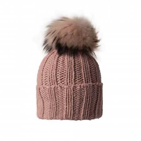 Cashmere & Fur Knit Turn-Up Hat in Cameo
