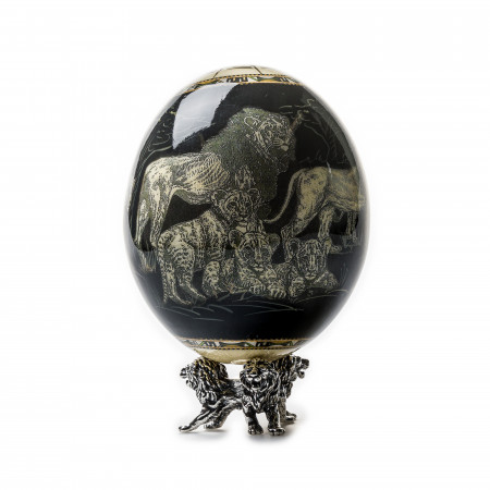 Ostrich Egg with Silver Base - Lions