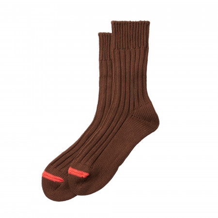 Rototo Chunky Ribbed Crew Socks in Brown & Poppy