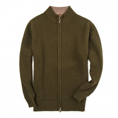 Bowland Zip Cardigan in Field Green with Clay