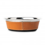 Leather Covered Dog Bowl in Mid Tan
